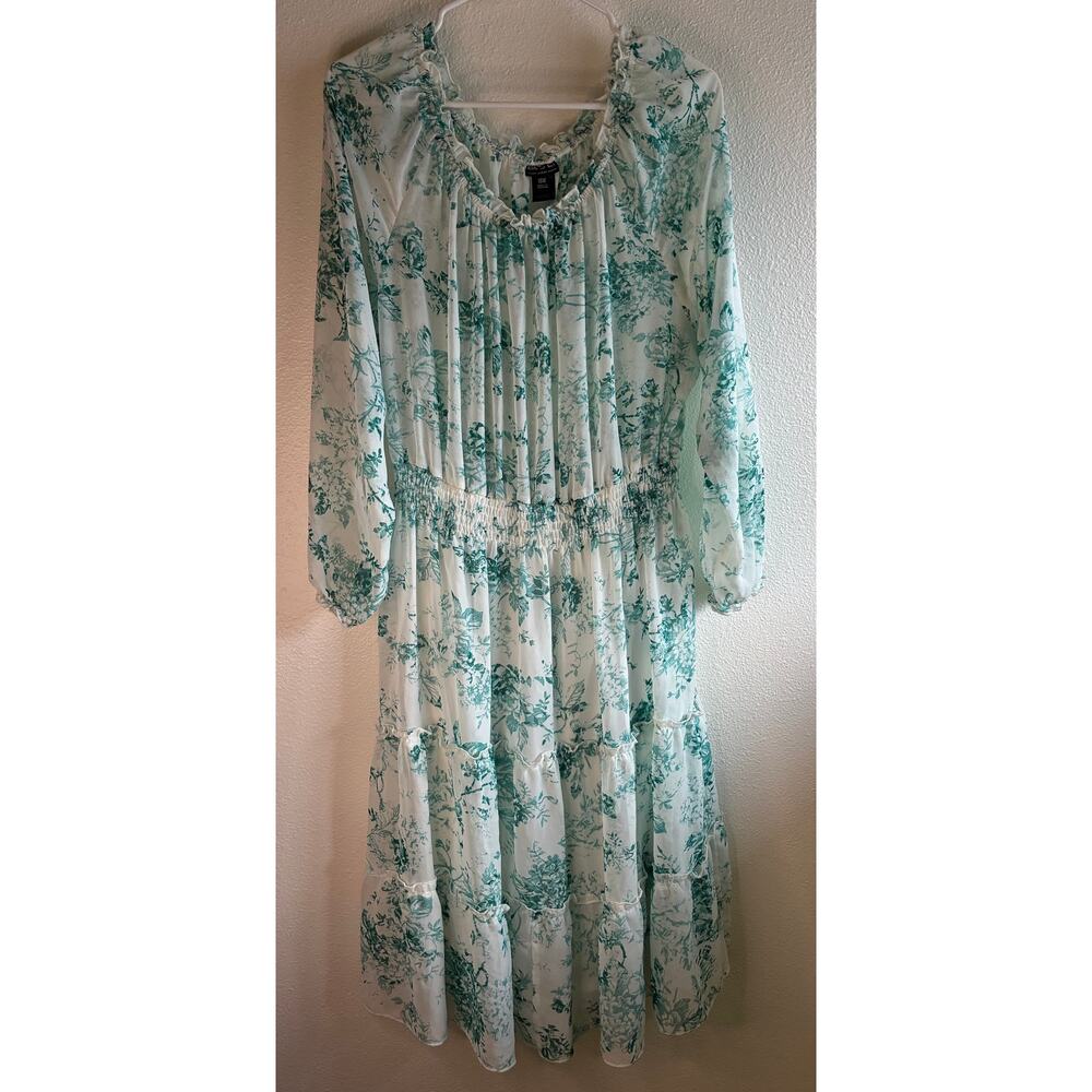 KATE AND LILY | Green Floral Chiffon Maxi Dress 3/4 Sleeve Smocked Waist | 18W